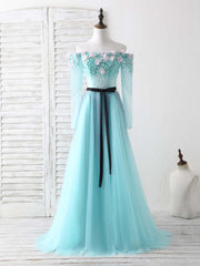 Blue Tulle Beads Long Prom Dresses Blue Beads Evening Dresses