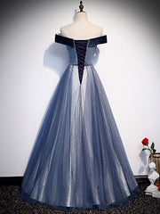 Blue Tulle Beads Long Prom Dresses, Blue Tulle Formal Dresses