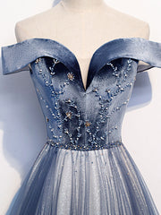 Blue Tulle Beads Long Prom Dresses, Blue Tulle Formal Dresses