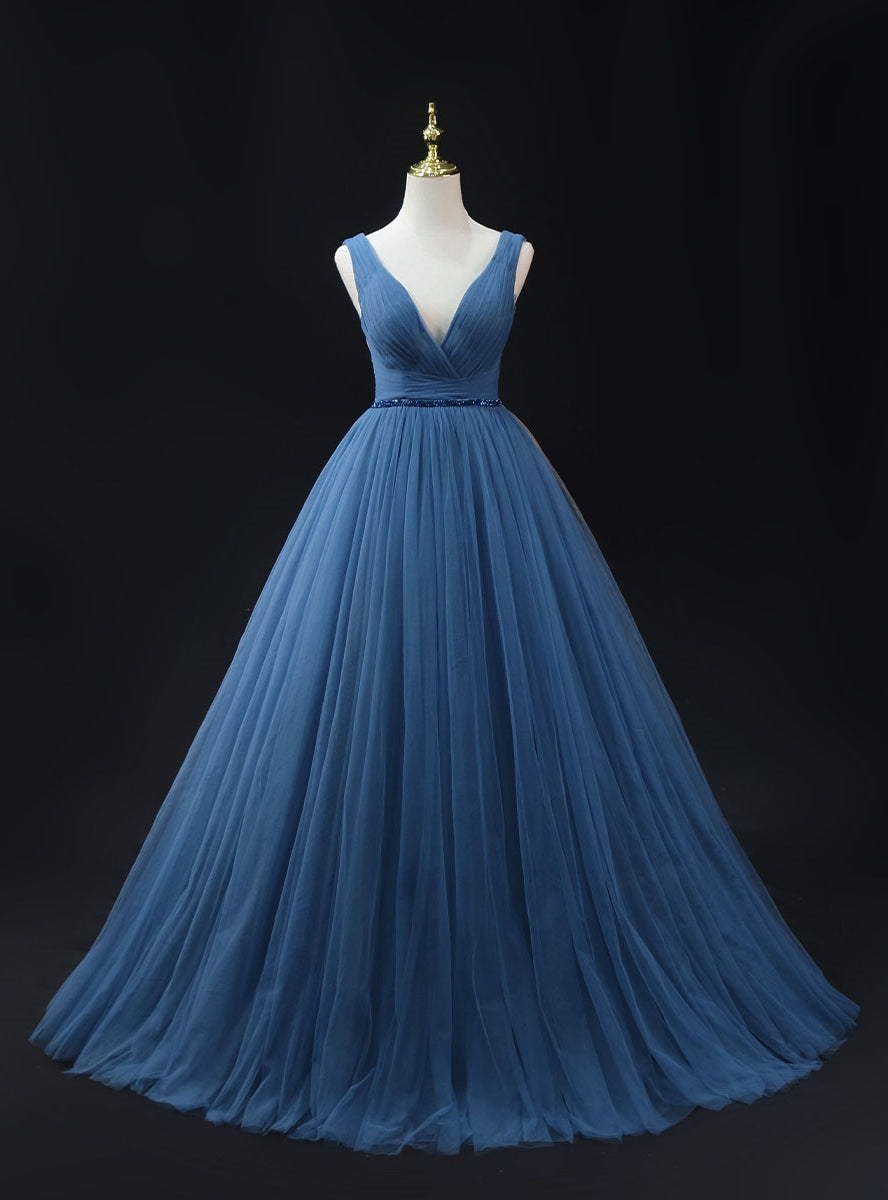 Blue Tulle Deep V-neck Pleats Beading Prom Dress