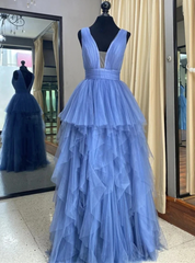 Blue Tulle Deep V-neck Pleats Prom Dresses