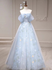 Blue Tulle Flower Off the Shoulder Prom Dresses