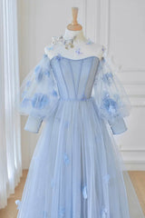 Blue Tulle Flowers Long Prom Dresses, Lovely A-Line Puff Sleeve Evening Dresses