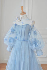 Blue Tulle Flowers Long Prom Dresses, Lovely A-Line Puff Sleeve Evening Dresses