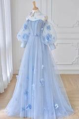 Blue Tulle Flowers Long Prom Dresses, Lovely A-Line Puff Sleeve Evening Dresses