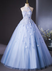 Blue Tulle Halter Flower Quinceanera Dress