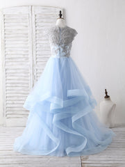 Blue Tulle Lace Applique Long Prom Dresses Blue Tulle Sweet 16 Dresses