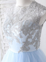 Blue Tulle Lace Applique Long Prom Dresses Blue Tulle Sweet 16 Dresses