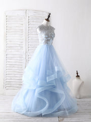 Blue Tulle Lace Applique Long Prom Dresses Blue Tulle Sweet 16 Dresses