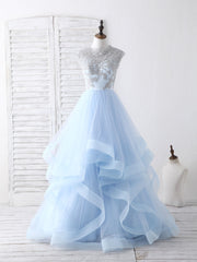 Blue Tulle Lace Applique Long Prom Dresses Blue Tulle Sweet 16 Dresses