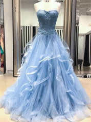 Blue Tulle Lace Appliques Sweetheart Layered Long Prom Dresses