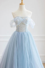 Blue Tulle Lace Long Prom Dresses, High Low A-Line Evening Party Dresses