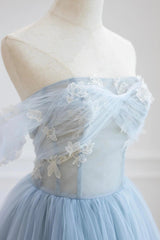 Blue Tulle Lace Long Prom Dresses, High Low A-Line Evening Party Dresses