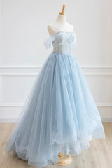 Blue Tulle Lace Long Prom Dresses, High Low A-Line Evening Party Dresses