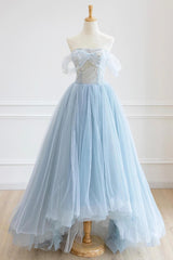 Blue Tulle Lace Long Prom Dresses, High Low A-Line Evening Party Dresses