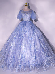 Blue Tulle Lace Short Sleeve Backless Beading Quinceanera Dress