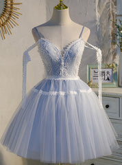 Blue Tulle Lace Straps Homecoming Dress