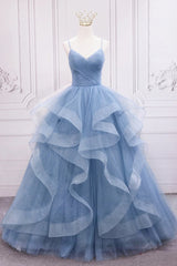 Blue Tulle Layers Long Party Dresses Prom Dresses, Sweet 16 Dresses