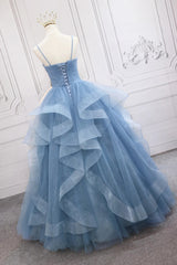 Blue Tulle Layers Long Party Dresses Prom Dresses, Sweet 16 Dresses