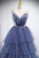 Blue Tulle Layers Long Prom Dresses, A-Line Spaghetti Strap Party Dresses