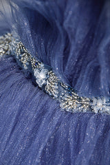 Blue Tulle Layers Long Prom Dresses, A-Line Spaghetti Strap Party Dresses