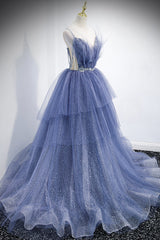 Blue Tulle Layers Long Prom Dresses, A-Line Spaghetti Strap Party Dresses