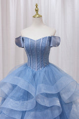 Blue Tulle Layers Long Prom Gown, A-Line Blue Evening Dresses