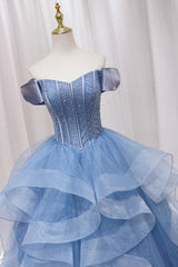 Blue Tulle Layers Long Prom Gown, A-Line Blue Evening Dresses