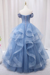 Blue Tulle Layers Long Prom Gown, A-Line Blue Evening Dresses