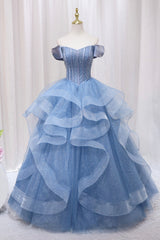 Blue Tulle Layers Long Prom Gown, A-Line Blue Evening Dresses