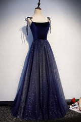 Blue Tulle Long A-Line Prom Dresses, Blue Spaghetti Strap Evening Party Dresses