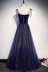 Blue Tulle Long A-Line Prom Dresses, Blue Spaghetti Strap Evening Party Dresses