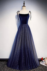 Blue Tulle Long A-Line Prom Dresses, Blue Spaghetti Strap Evening Party Dresses