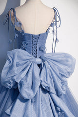 Blue Tulle Long A-Line Prom Dresses, Blue Spaghetti Straps Party Dresses with Bow