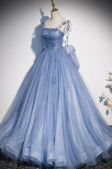 Blue Tulle Long A-Line Prom Dresses, Blue Spaghetti Straps Party Dresses with Bow