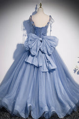 Blue Tulle Long A-Line Prom Dresses, Blue Spaghetti Straps Party Dresses with Bow