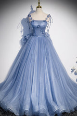 Blue Tulle Long A-Line Prom Dresses, Blue Spaghetti Straps Party Dresses with Bow