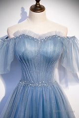 Blue Tulle Long A-Line Prom Dress, Off the Shoulder Evening Party Dress