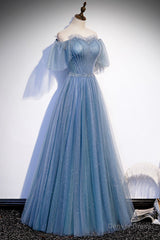 Blue Tulle Long A-Line Prom Dress, Off the Shoulder Evening Party Dress