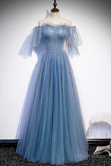 Blue Tulle Long A-Line Prom Dress, Off the Shoulder Evening Party Dress