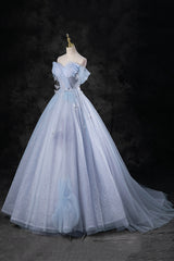 Blue Tulle Long A-Line Prom Dresses Party Dresses, Beautiful Off the Shoulder Blue Evening Dresses