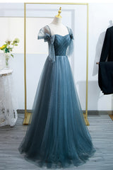 Blue Tulle Long A-Line Prom Dresses, Simple Sweetheart Neckline Evening Party Dresses