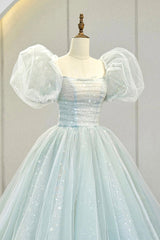 Blue Tulle Long A-Line Prom Dresses with Sequins, Lovely Puff Sleeve Evening Gown