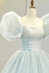 Blue Tulle Long A-Line Prom Dresses with Sequins, Lovely Puff Sleeve Evening Gown