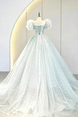 Blue Tulle Long A-Line Prom Dresses with Sequins, Lovely Puff Sleeve Evening Gown