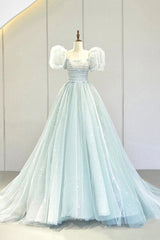 Blue Tulle Long A-Line Prom Dresses with Sequins, Lovely Puff Sleeve Evening Gown