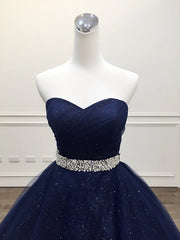 Blue Tulle Long Evening Gown Party Dresses, Navy Blue Sweet 16 Gown