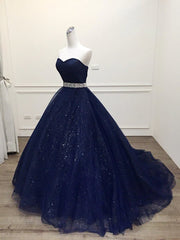 Blue Tulle Long Evening Gown Party Dresses, Navy Blue Sweet 16 Gown