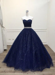 Blue Tulle Long Evening Gown Party Dresses, Navy Blue Sweet 16 Gown