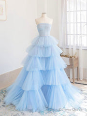 Blue Tulle Long Prom Dress, Blue Tulle Ball Gown Evening Dresses